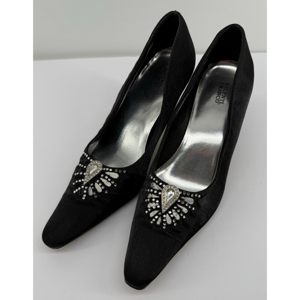 Valenti Franco Black Satin Rhinestone Pointed Toe Kitten Heel Pumps Womens 8M